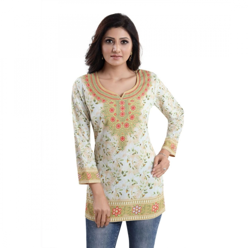 Generic Women's Quarter Sleeve Faux Crepe Printed Short Kurti Tunic Top (Color:White)