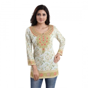 Generic Women's Quarter Sleeve Faux Crepe Printed Short Kurti Tunic Top (Color:White)