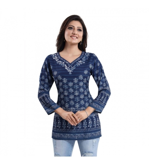 Women's Quarter Sleeve Faux Crepe Printed Short Kurti Tunic Top (Color:Blue)