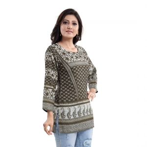 Generic Women's Quarter Sleeve Faux Crepe Printed Short Kurti Tunic Top (Color:Green)