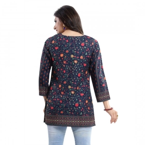 Generic Women's Quarter Sleeve Faux Crepe Printed Short Kurti Tunic Top (Color:Blue)