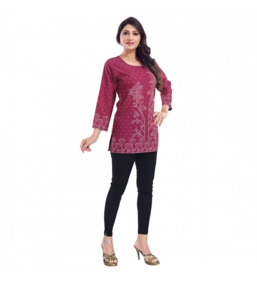 Women's Quarter Sleeve Faux Crepe Printed Short Kurti Tunic Top (Color:Magenta)