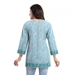 Generic Women's Quarter Sleeve Faux Crepe Printed Short Kurti Tunic Top (Color:Blue)