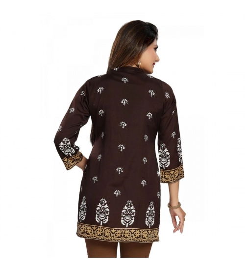 Women's Quarter Sleeve Faux Crepe Printed Short Kurti Tunic Top (Color:Brown)