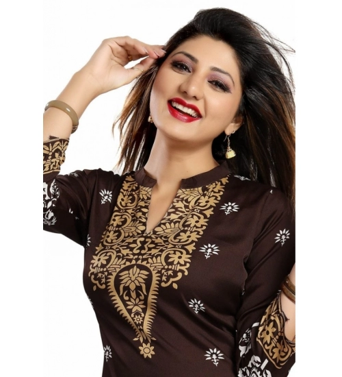 Women's Quarter Sleeve Faux Crepe Printed Short Kurti Tunic Top (Color:Brown)