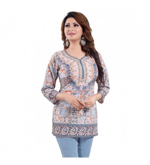 Women's Quarter Sleeve Faux Crepe Printed Short Kurti Tunic Top (Color:Blue)