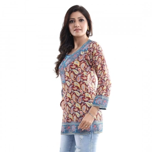 Generic Women's Quarter Sleeve Faux Crepe Printed Short Kurti Tunic Top (Color:Maroon)
