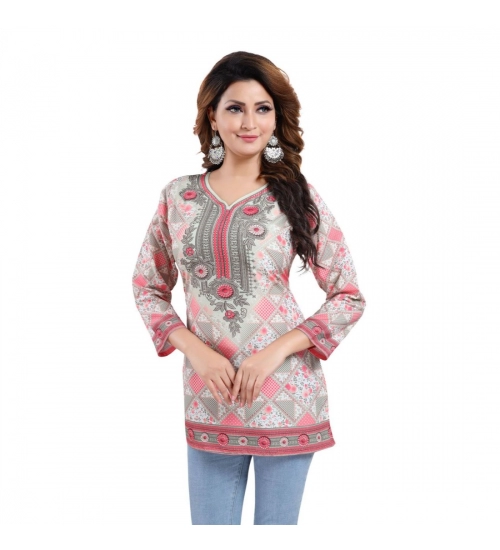 Women's Quarter Sleeve Faux Crepe Printed Short Kurti Tunic Top (Color:Pink)