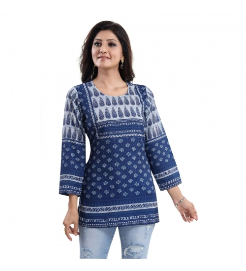 Women's Quarter Sleeve Faux Crepe Printed Short Kurti Tunic Top (Color:Blue)