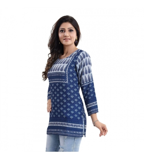 Women's Quarter Sleeve Faux Crepe Printed Short Kurti Tunic Top (Color:Blue)