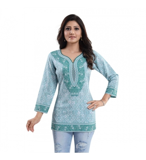 Women's Quarter Sleeve Faux Crepe Printed Short Kurti Tunic Top (Color:Blue)