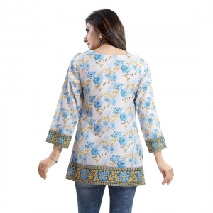 Generic Women's Quarter Sleeve Faux Crepe Printed Short Kurti Tunic Top (Color:White)