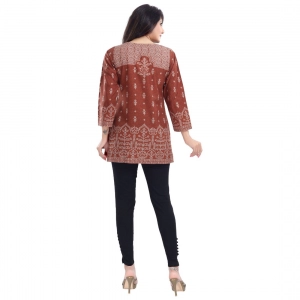 Generic Women's Quarter Sleeve Faux Crepe Printed Short Kurti Tunic Top (Color:Rust)