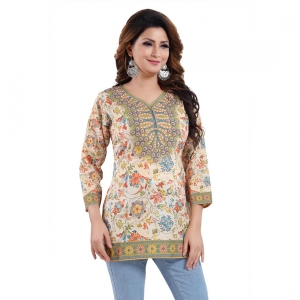 Generic Women's Quarter Sleeve Faux Crepe Printed Short Kurti Tunic Top (Color:Multicolor)