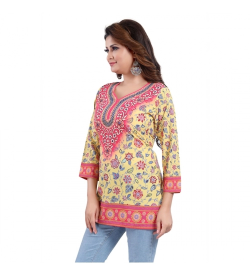 Women's Quarter Sleeve Faux Crepe Printed Short Kurti Tunic Top (Color:Yellow)