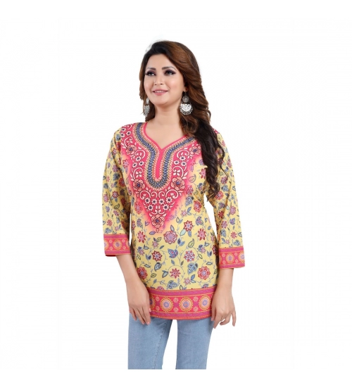 Women's Quarter Sleeve Faux Crepe Printed Short Kurti Tunic Top (Color:Yellow)