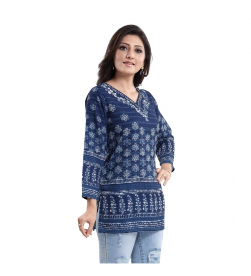 Women's Quarter Sleeve Faux Crepe Printed Short Kurti Tunic Top (Color:Blue)