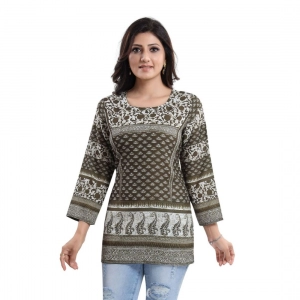 Generic Women's Quarter Sleeve Faux Crepe Printed Short Kurti Tunic Top (Color:Green)