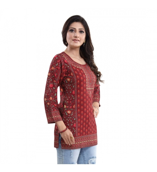 Women's Quarter Sleeve Faux Crepe Printed Short Kurti Tunic Top (Color:Red)