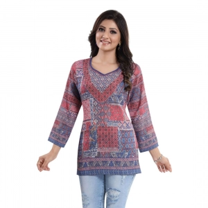 Generic Women's Quarter Sleeve Faux Crepe Printed Short Kurti Tunic Top (Color:Multicolor)