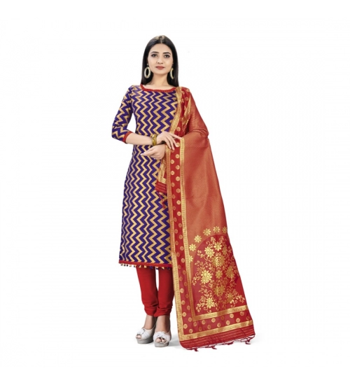 Banarasi Silk Unstitched Salwar-Suit Material Premium Quality With Dupatta (Color: Navy Blue)