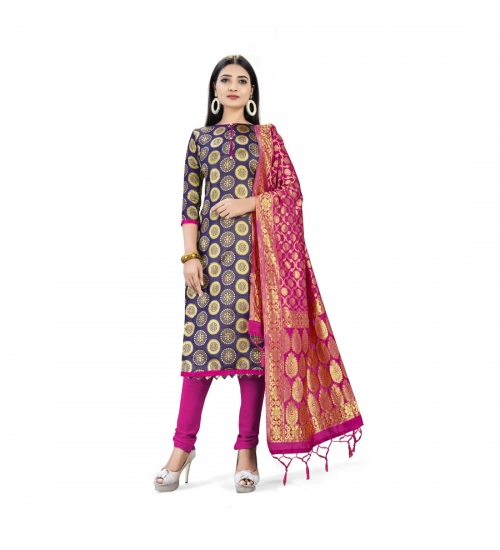 Banarasi Silk Unstitched Salwar-Suit Material Premium Quality With Dupatta (Color: Navy Blue)