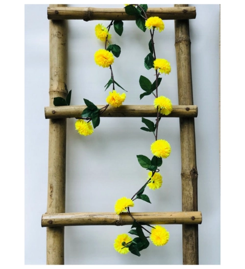 Artificial Yellow Chrysanthemum Dahlia Flower Vine Creeper With Big Green Leaves For Home Decoraton (Color: Yellow, Material: Silk Polyester)
