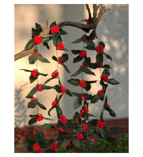Artificial Red Marigold Genda Flower Vine Creeper With Big Green Leaves For Home Decoration (Color: Red, Material: Silk Polyester)