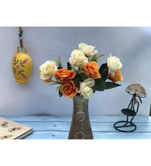 Artificial Flowers Bunch Bouquet Of 10 Garden Roses For Home Decoration (Color: Multi, Material: Silk Polyester)