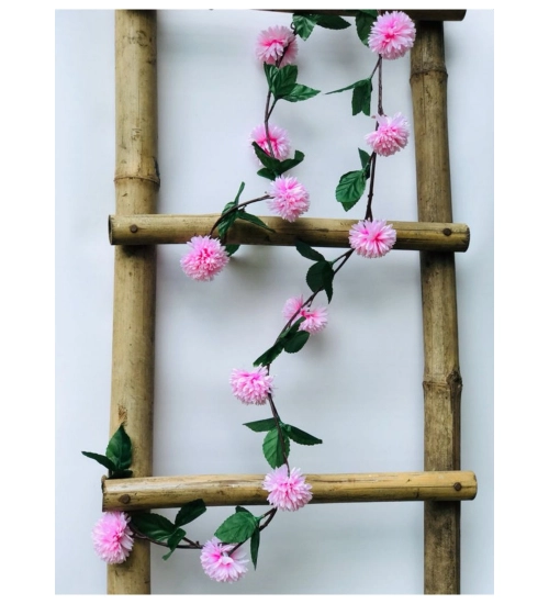Artificial Light Pink Chrysanthemum Dahlia Flower Vine Creeper With Big Green Leaves For Home Decoraton (Color: LightPink, Material: Silk Polyester)