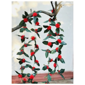 Generic Artificial Red Marigold Genda Flower Vine Creeper With Big Green Leaves For Home Decoration (Color: Red, Material: Silk Polyester)