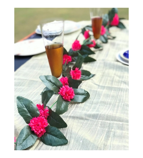 Artificial Dark Pink Marigold Genda Flower Vine Creeper With Big Green Leaves For Home Decoration (Color: DarkPink, Material: Silk Polyester)