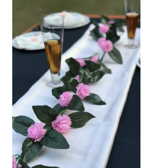 Artificial Light Pink Marigold Genda Flower Vine Creepe With Big Green Leaves For Home Decoration (Color: LightPink, Material: Silk Polyester)