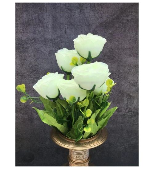 Artificial Flowers Bunch Bouquet Of 6 Garden Roses For Home Decoration (Color: White, Material: Silk Polyester)