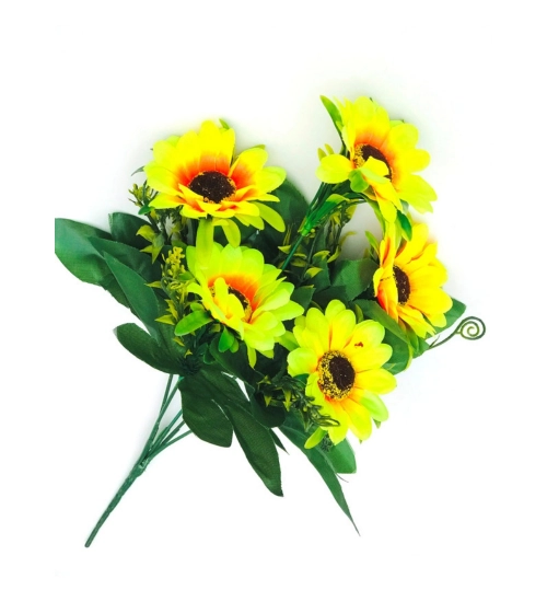 Artificial Flowers Bunch Bouquet Of 5 Sunflowers For Home Decoration (Color: Yellow, Material: Silk Polyester)