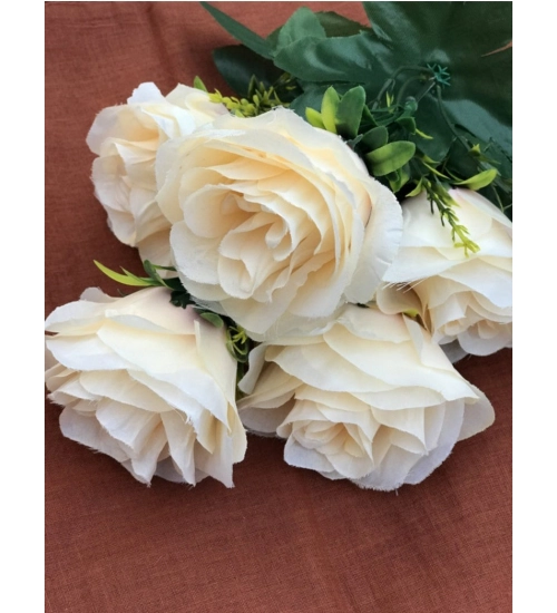 Artificial Flowers Bunch Bouquet Of 5 Champagne Roses For Home Decoration (Color: Cream, Material: Silk Polyester)