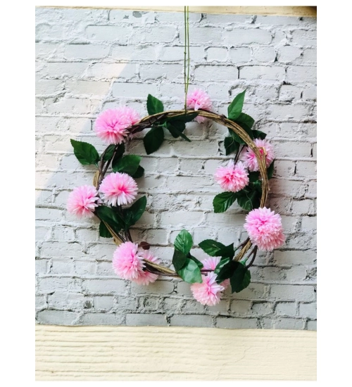 Artificial Light Pink Chrysanthemum Dahlia Flower Vine Creeper With Big Green Leaves For Home Decoraton (Color: LightPink, Material: Silk Polyester)