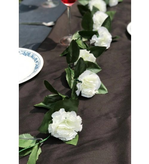 Artificial White Carnation Flower Vine Creeper With Big Green Leaves (Color: White, Material: Silk Polyester)