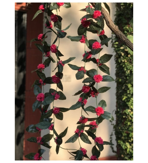 Artificial Dark Pink Marigold Genda Flower Vine Creeper With Big Green Leaves For Home Decoration (Color: DarkPink, Material: Silk Polyester)