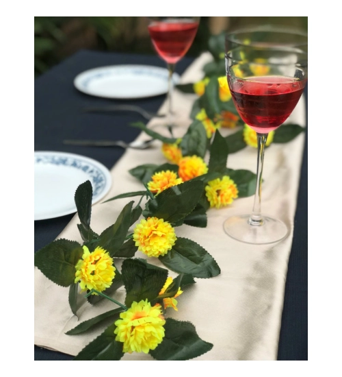 Artificial Yellow Marigold Genda Flower Vine Creeper With Big Green Leaves For Home Decoration (Color: Yellow, Material: Silk Polyester)