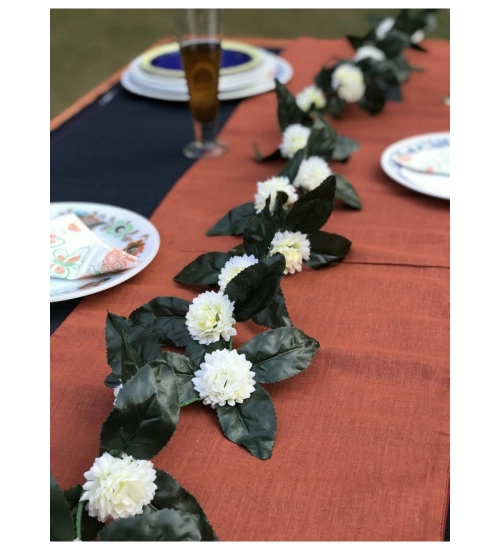 Artificial White Marigold Genda Flower Vine Creeper With Big Green Leaves For Home Decoration (Color: White, Material: Silk Polyester)