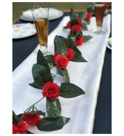 Artificial Red Marigold Genda Flower Vine Creeper With Big Green Leaves For Home Decoration (Color: Red, Material: Silk Polyester)