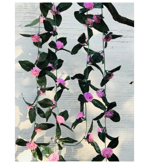Artificial Light Pink Marigold Genda Flower Vine Creepe With Big Green Leaves For Home Decoration (Color: LightPink, Material: Silk Polyester)