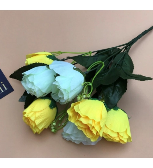 Artificial Rose Flowers Bunch Bouquet Of 7 Roses For Home Decoration (Color: Yellow, Material: Silk Polyester)
