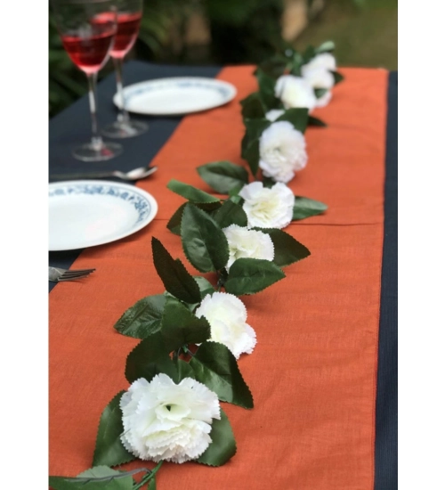 Artificial White Carnation Flower Vine Creeper With Big Green Leaves (Color: White, Material: Silk Polyester)