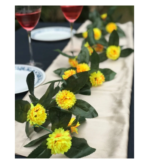 Artificial Yellow Marigold Genda Flower Vine Creeper With Big Green Leaves For Home Decoration (Color: Yellow, Material: Silk Polyester)