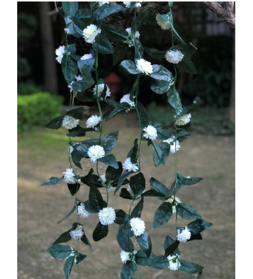 Artificial White Marigold Genda Flower Vine Creeper With Big Green Leaves For Home Decoration (Color: White, Material: Silk Polyester)