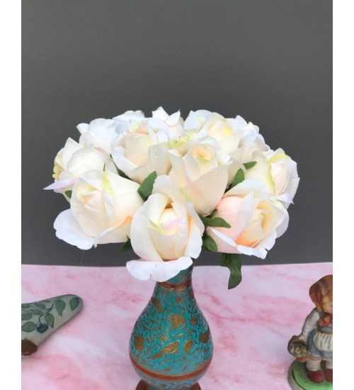 Artificial Rose Flowers Bunch Bouquet Of 13 Roses For Home Decoration (Color: Cream, Material: Silk Polyester)