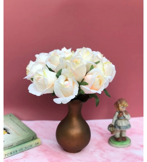 Artificial Rose Flowers Bunch Bouquet Of 13 Roses For Home Decoration (Color: Cream, Material: Silk Polyester)