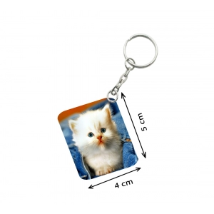 Generic Pack Of 3_ White Cat One Side Printed Rectangle Designer Keychain (White)